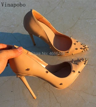 

Rivets Shoes Woman High Heels Pointed Toe Sexy 12CM Stiletto Heels Nude Matte Leather Ladies Shoes Fashion Wedding Shoes Pumps