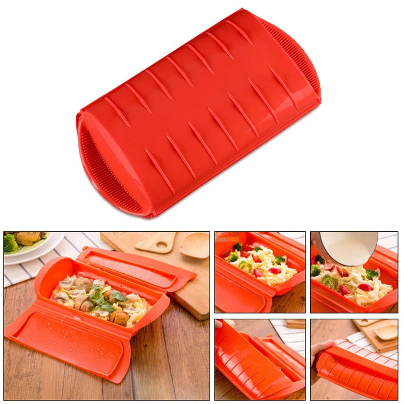 

Portable Silicone Steamed Fish Tools Food Grade Kitchen Gadgets Baking Mold Steamed Fish Bowl Red Microwave Oven Accessories
