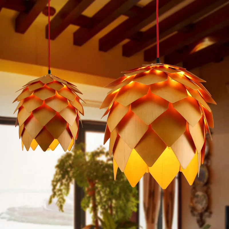  Retro Nordic Pinecone Led Pendant Lamps Modern Wooden modern DIY IQ Elements Puzzle Bedroom Art Woo - 32973320434