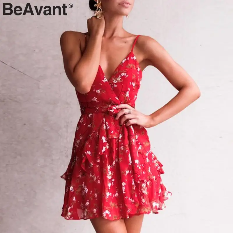 

BeAvant V-neck spaghetti strap boho dress women Elegant floral print short summer dress 2019 Ruffle style ladies dresses casual