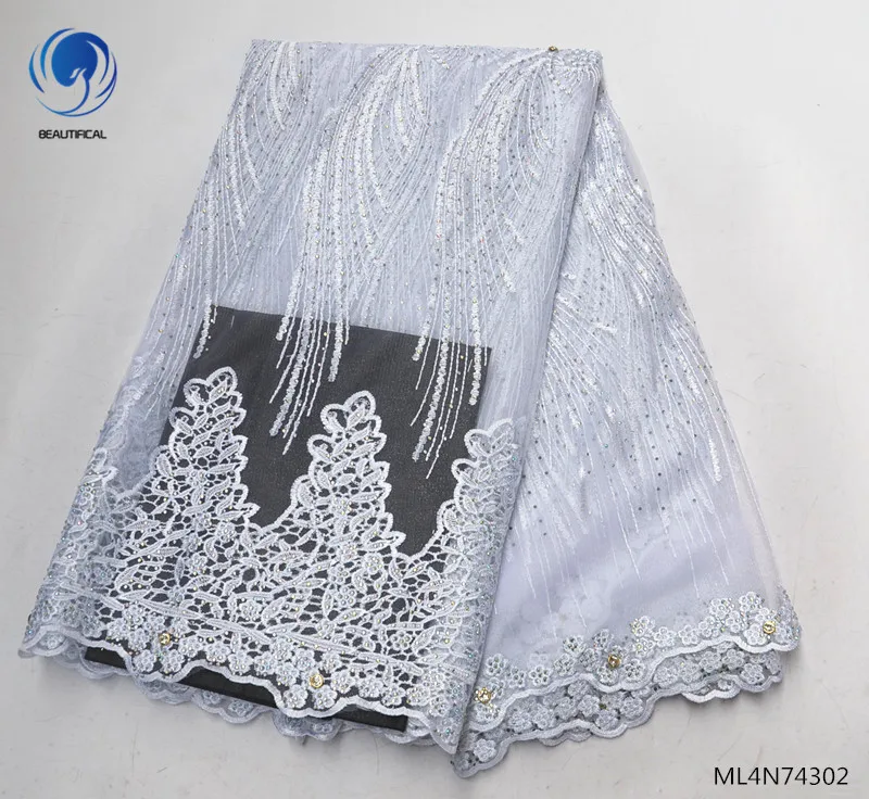 

BEAUTIFICAL nigerian wedding lace fabrics white rhinestones tulle fabric embroidery french lace fabric 5 yards/lot ML4N743