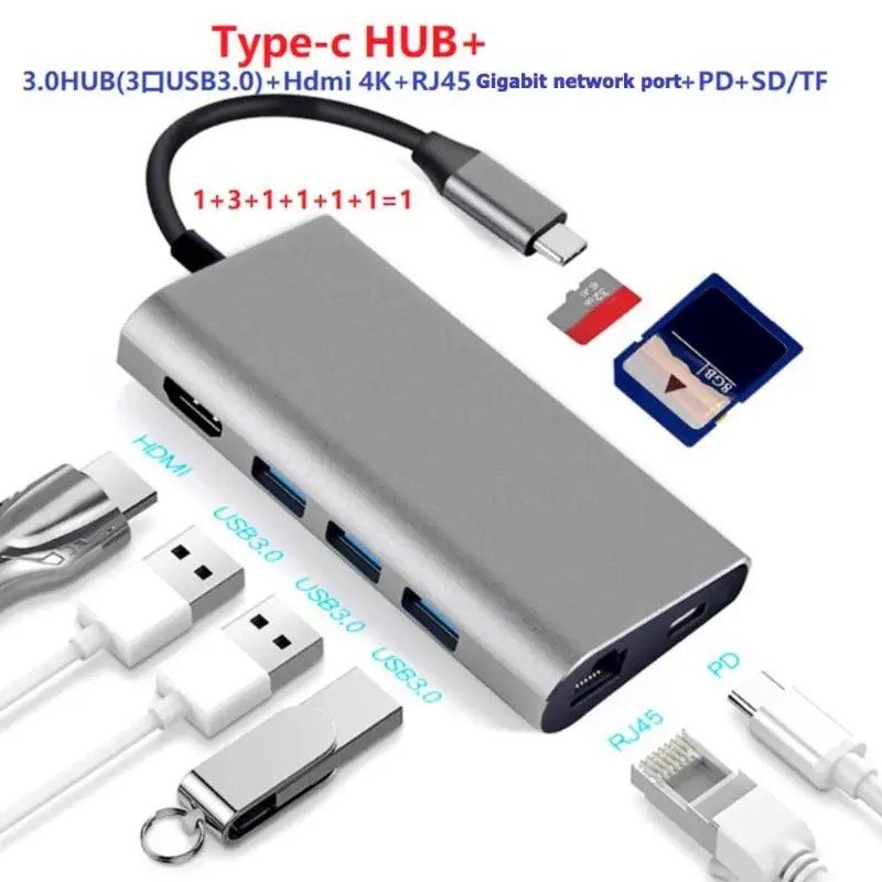 

Hot 8 in 1 Multi Ports USB3.0 Type-C HUB To 4K Video HDMI Adapter for Macbook SD/TF Card USB3.0 HUB for Laptop Tablet Computer