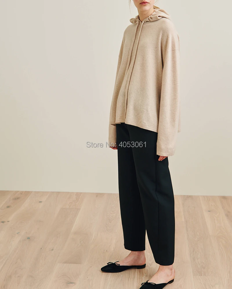 

High-end 2019 Women Cashmere/Wool Knit Hood Sweater With Drawstrings & Dropped Shoulder & Voluminous Sleeves & Ribbed Detail