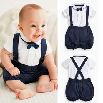

Toddler Infant Baby Boy Gentleman Outfits Short Sleeve T-Shirt+Bib Pants+Bow Tie 3Pcs Boys Clothing Set Formal Suits
