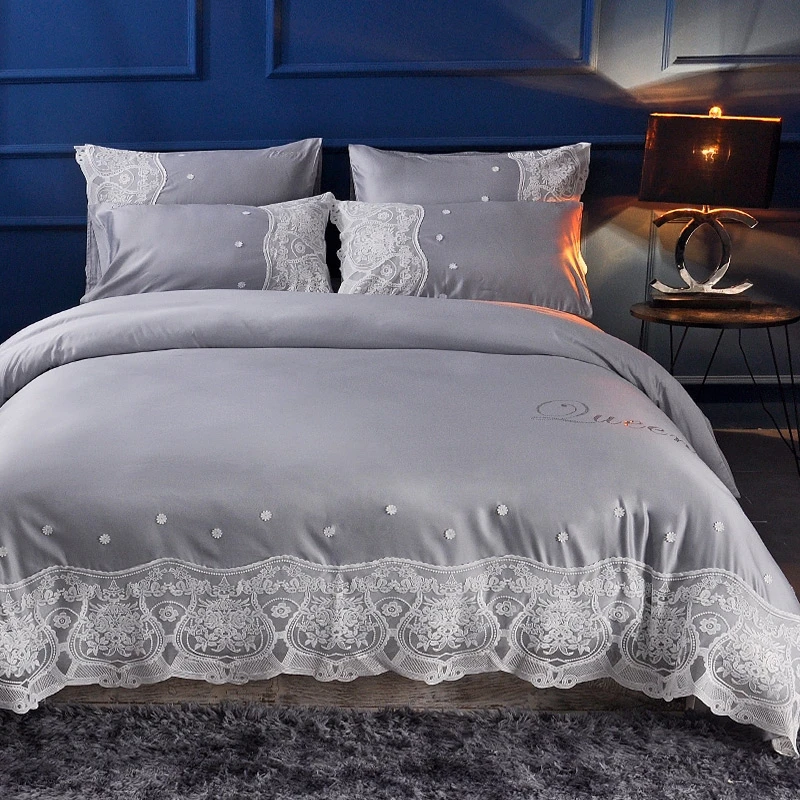 

Queen king size Lace princess style bedding beige cream blue luxury cotton silk bedding set duvet cover bed sheet/linen set 41