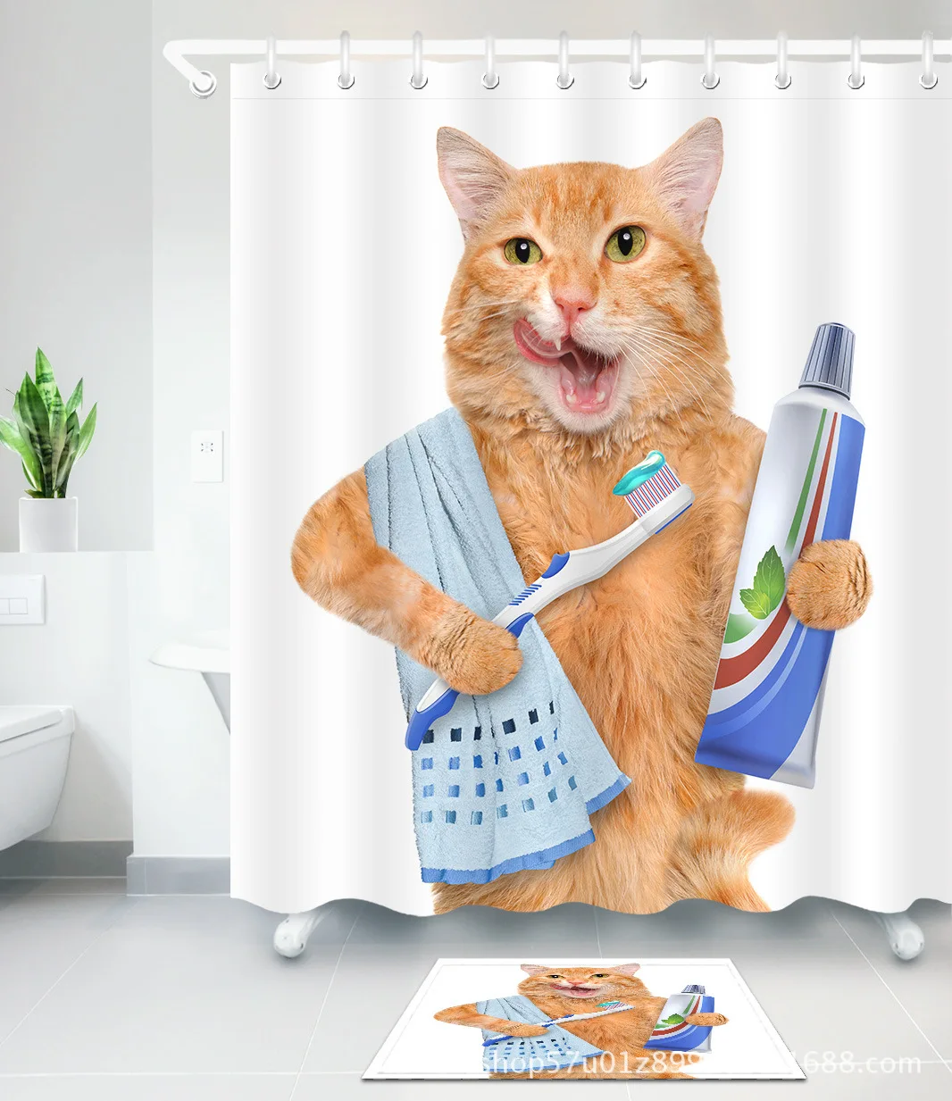 

Cartoon Brushing Cat Pattern Polyester Waterproof Shower Curtains Set with Rectangle Non-slip Floor Mat Bath Curtain with Hooks