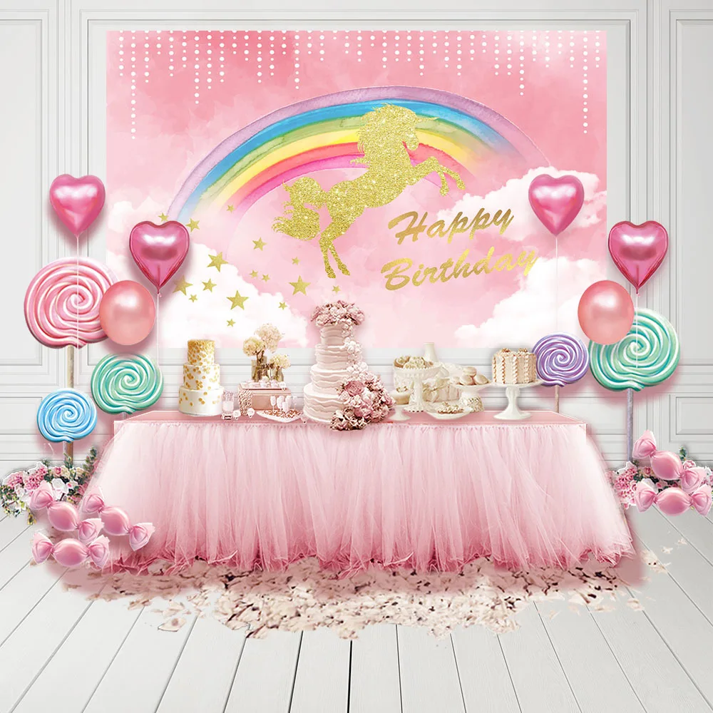 

MEHOFOTO Photography Backdrop Unicorn Birthday Rainbow Stars Clouds Background Photo Shoot Photocall Photobooth Fabric Decor