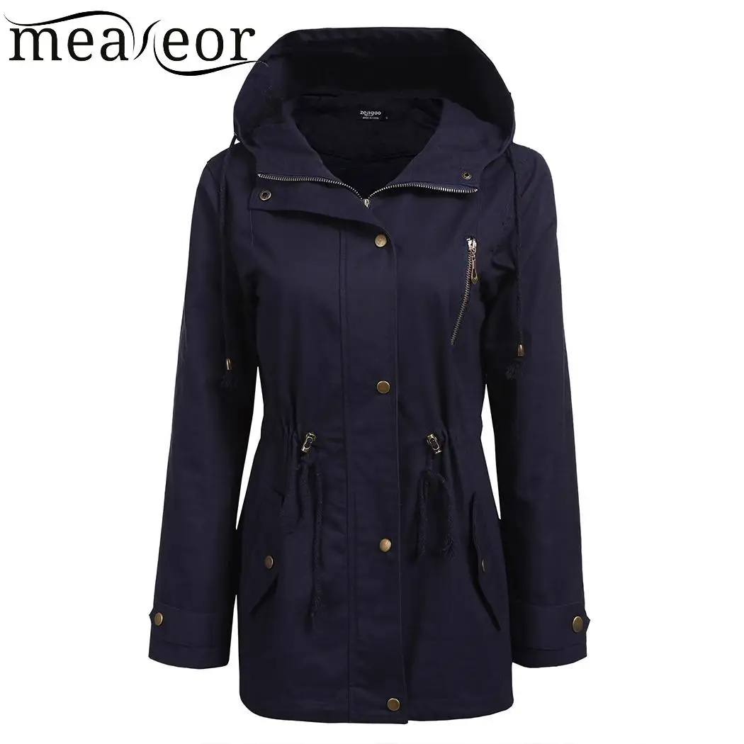 

Meaneor Long Sleeve Women Wind Coat Drawstring Waist Slim Outwear Casual Hooded Autumn Jacket Zipper Button Women Jackets Coats