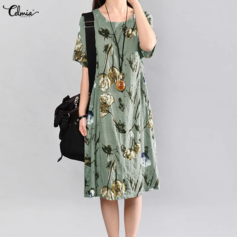 

Celmia 2019 Summer Dress Women Vintage Floral Dress Ladies Short Sleeve Casual Party Vestidos Female Midi Dresses Plus Size 5XL