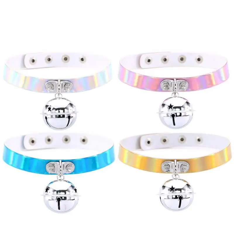 

Vintage Punk Style Small Bell Pendant Holographic PU Leather Necklace