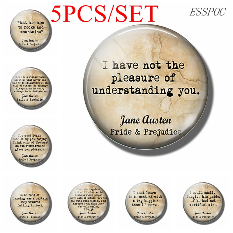 

5PCS/SET 25 MM DIYJane Austen Pride and Prejudice Quote Photo Glass Cabochon Pendant Handmade Beads Making Jewelry Supply