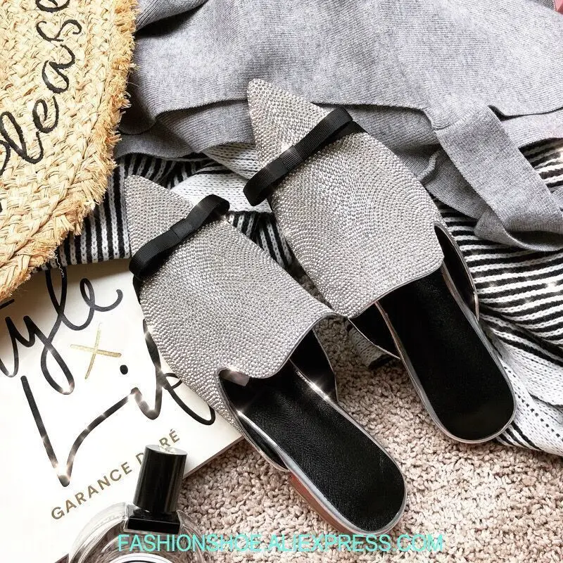 

Bling Bling Crystal Embellished Women Slippers Casual Flats Fashion Street Style Butterfly Knot Decor Pointy Toe Outside Slides