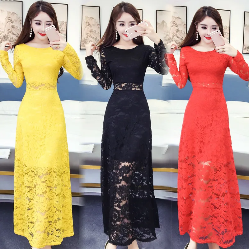 

Spring Summer Womens Sexy Elegant O-neck Long Sleeve Lace Dress Slim Casual A-line Party Dresses Vestidos