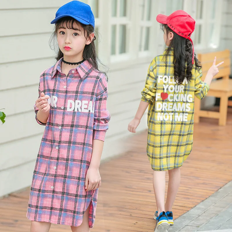 

Children's clothing girls shirt spring and autumn 2019 new cotton long section peach heart plaid shirt 4-12 years baby clothes