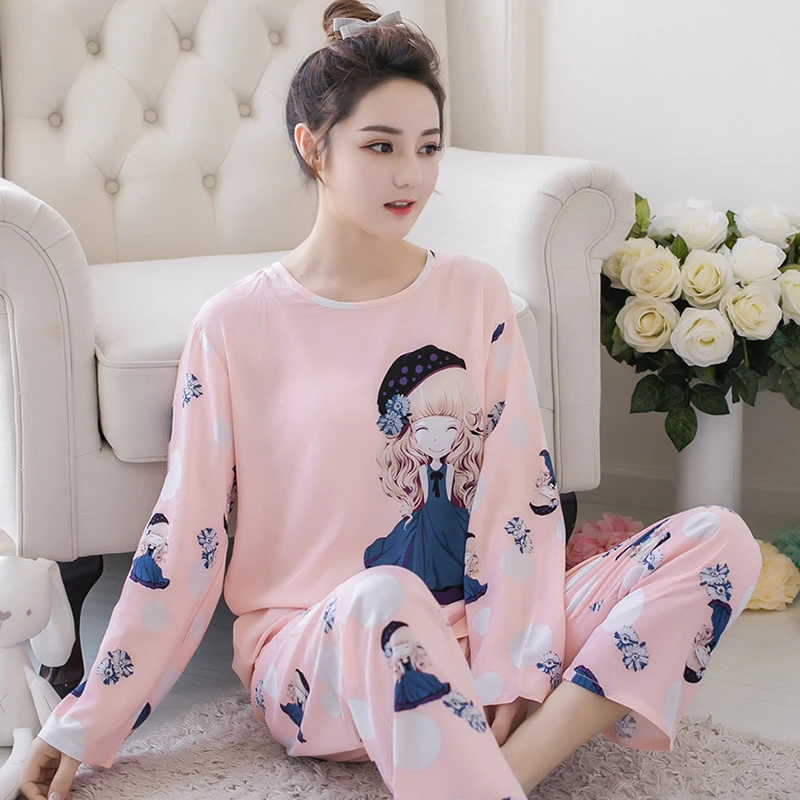 

2019 Pajama Sets For Women Long Sleeve Thin Cartoon Print Cute Loose Sleepwear Girl Pijamas Mujer Leisure Nightgown Female