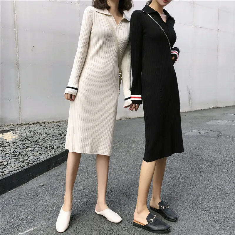 

Spring style French knit long sleeve polo leader color matching dress 2019 new women's straight slim sweater bottoming dress