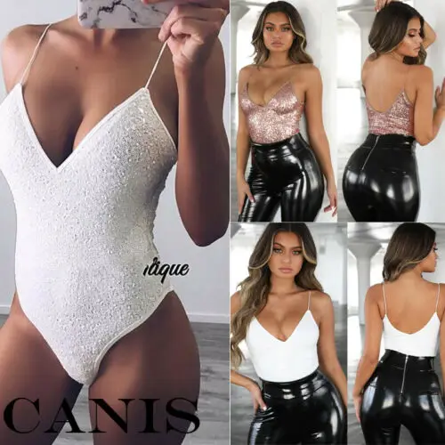 

Sexy V Neck Bodysuit Sequins Women Sleeveless Bodycon Jumpsuit Tops Beachwear Playsuit Solid Strap Ladies Hot Bodysuits New