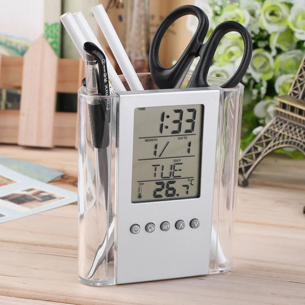 Digital Desk Pen/Pencil Holder LCD Alarm Clock Thermometer&Calendar