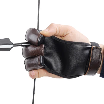 

AT 1 Pcs 3 Fingers Cowhide PU Suede Cowhide Archery Protective Glove Hunting Arrow Bow Hunting Hand Protector - Black