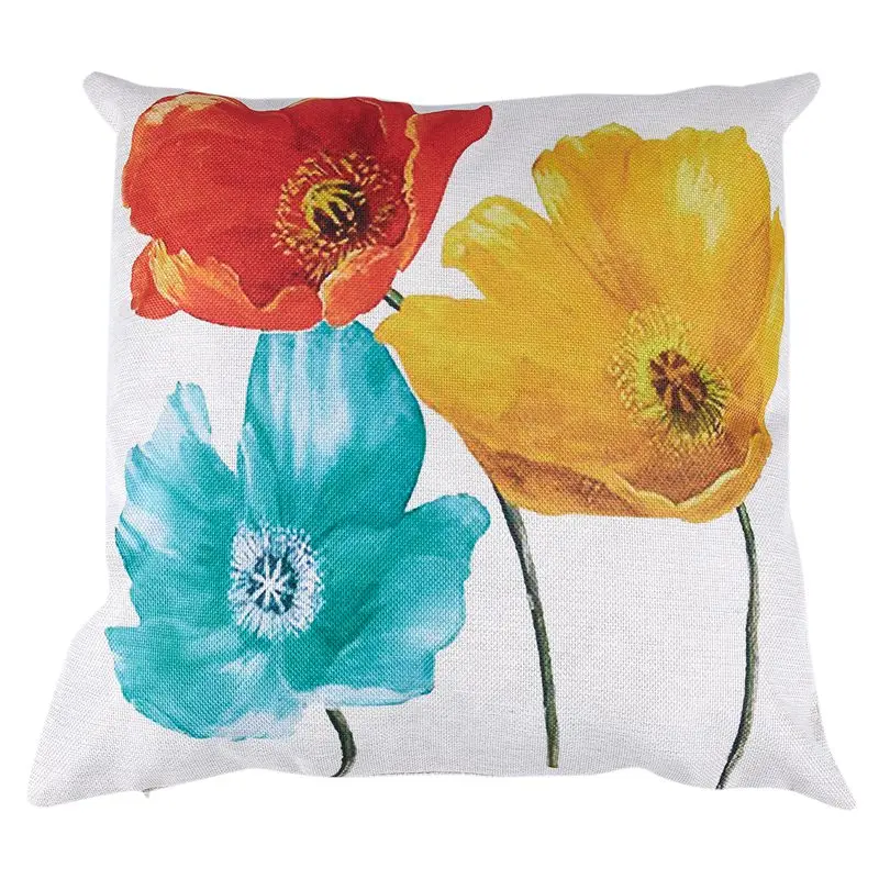

Flax Squareative Throw Pillow Case Enchanting Beautiful Tricolor Red Yellow Blue Poppy Flowers Gift Annive