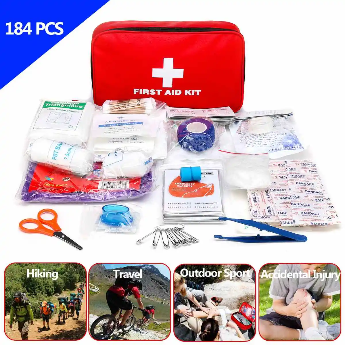 

184pcs/pack Safe Travel First Aid Kit Camping Hiking Medical Emergency Kit Treatment Pack Set Outdoor Wilderness Survival