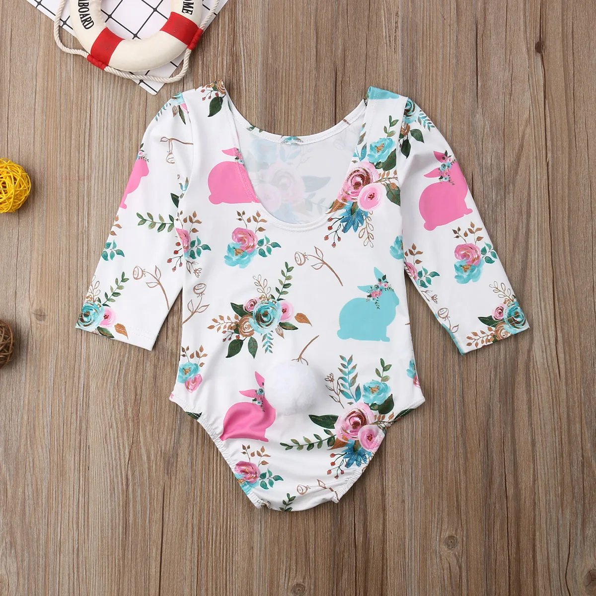 عيد الفصح الوليد الرضع طفلة السروال القصير لطيف الأرنب بوم بوم طويل كم زهرة بذلة Playsuit لطفلة عيد الفصح ازياء