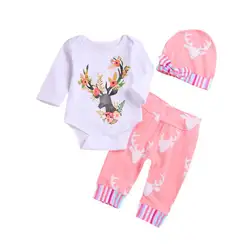 Pudcoco/комплект для новорожденных девочек; Рождественский топ с длинными рукавами и принтом оленя; комбинезон штаны шапка; комплект из 3