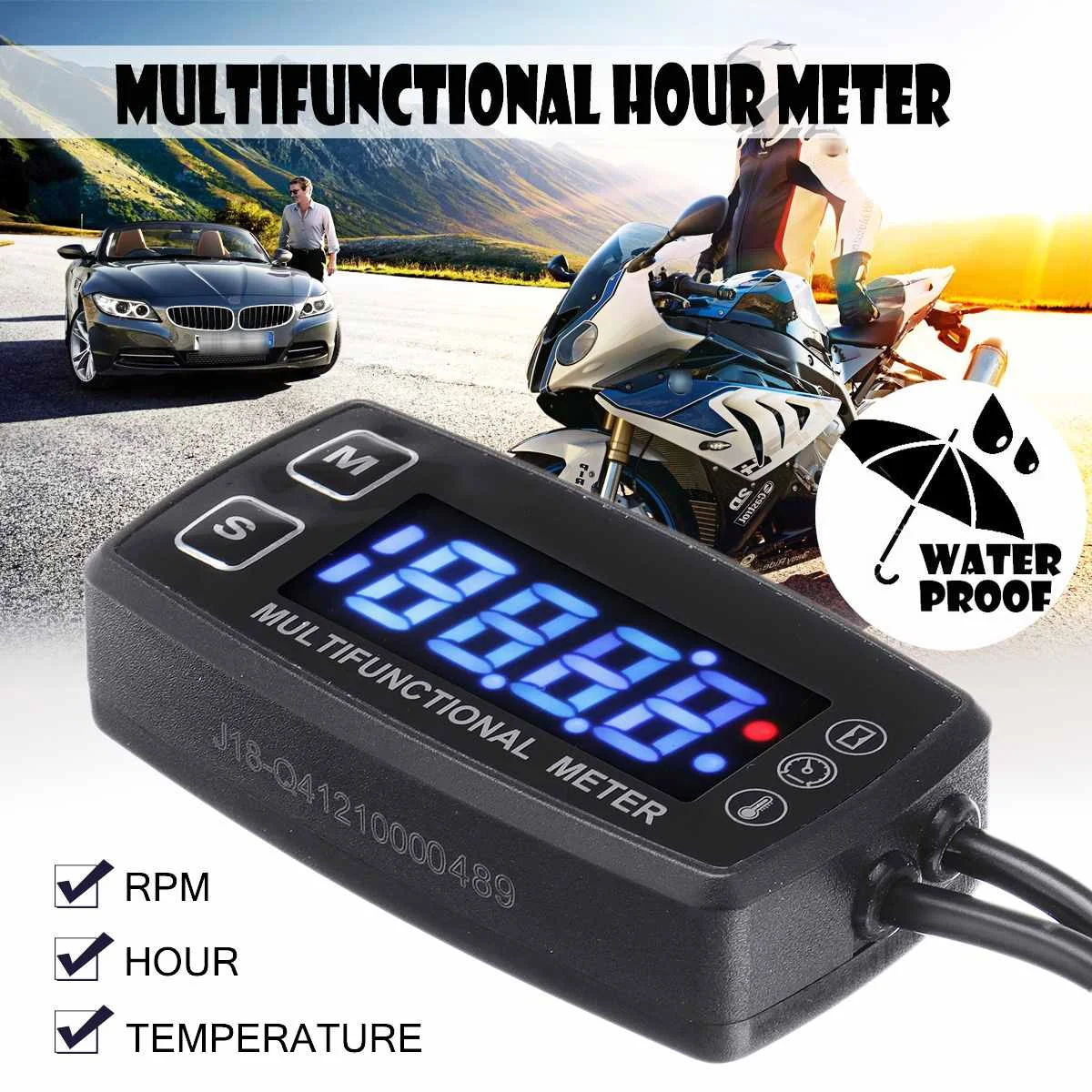 

12V Digital LCD Motorcycle Tachometer Engine Multifunction Tach Hour Meter Tachometer Thermometer Temperature Gauge Waterproof