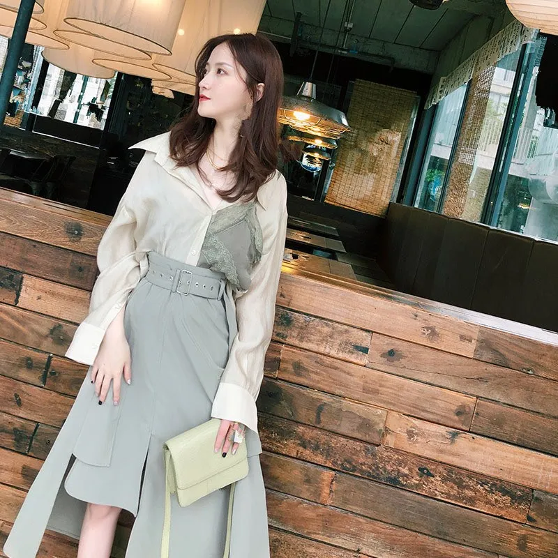 

Fashion Women Skirt Suits Lace Patchwork Shirt And Slim Skirts Two Pieces Sets Casual Ol Work Outfits Female