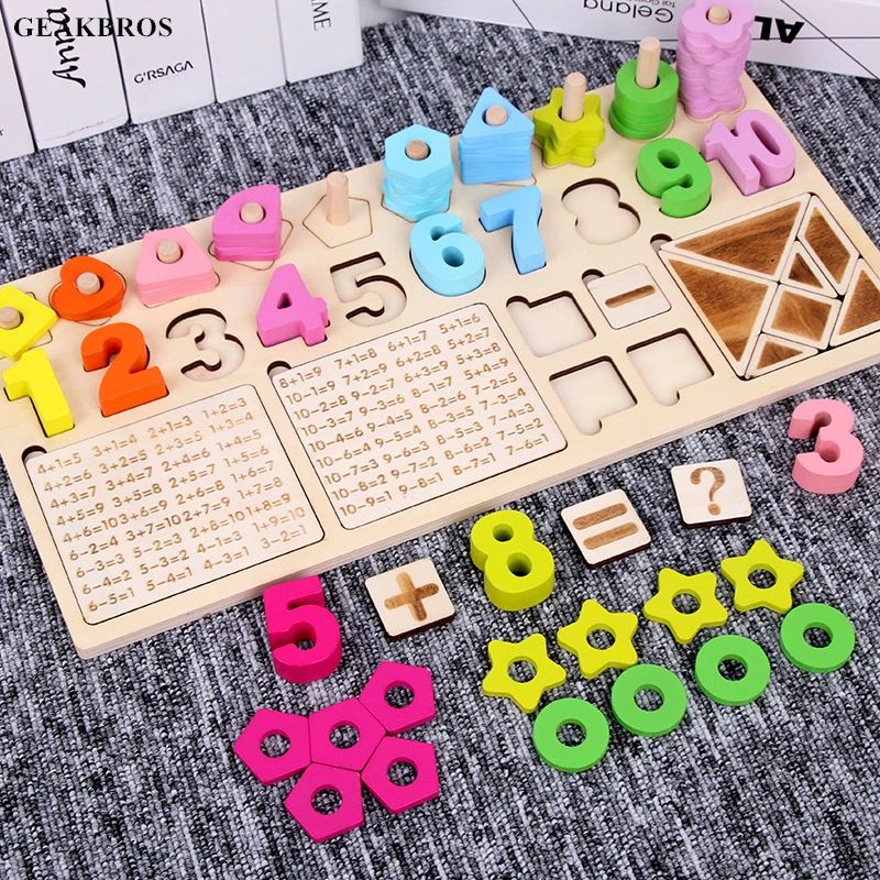 

Preschool Wooden Montessori Toys Count Geometric Shape Cognition Match Baby Early Education Teaching Aids Math Toys For Children