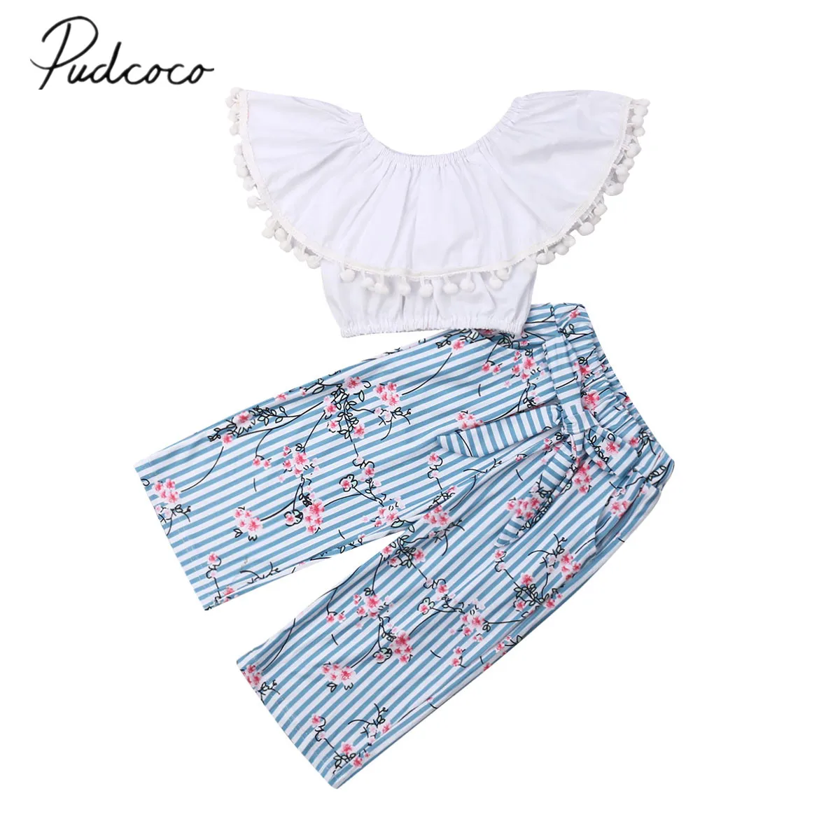 

2019 Children Summer Clothing Toddler Kid Baby Girl Solid Crops Tops Shirt + Tutu Belt Flamingo Long Pants Outfit 2Pcs Sets 1-6T