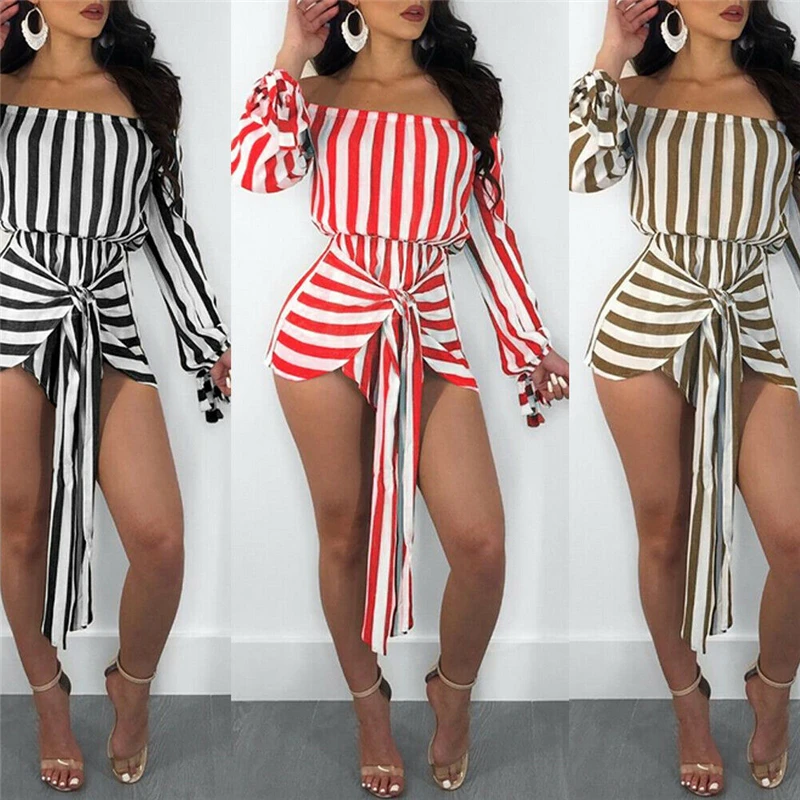 

Sexy Ladies Summer Bandage Striped Mini Dress Strapless Female High Waist Lace Up Summer Clubwear Mini Dress