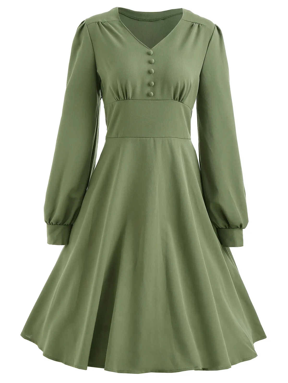 Kenancy Women Vintage Dress Spring Long Sleeve Button Up Casual Dress Solid Green High Waist