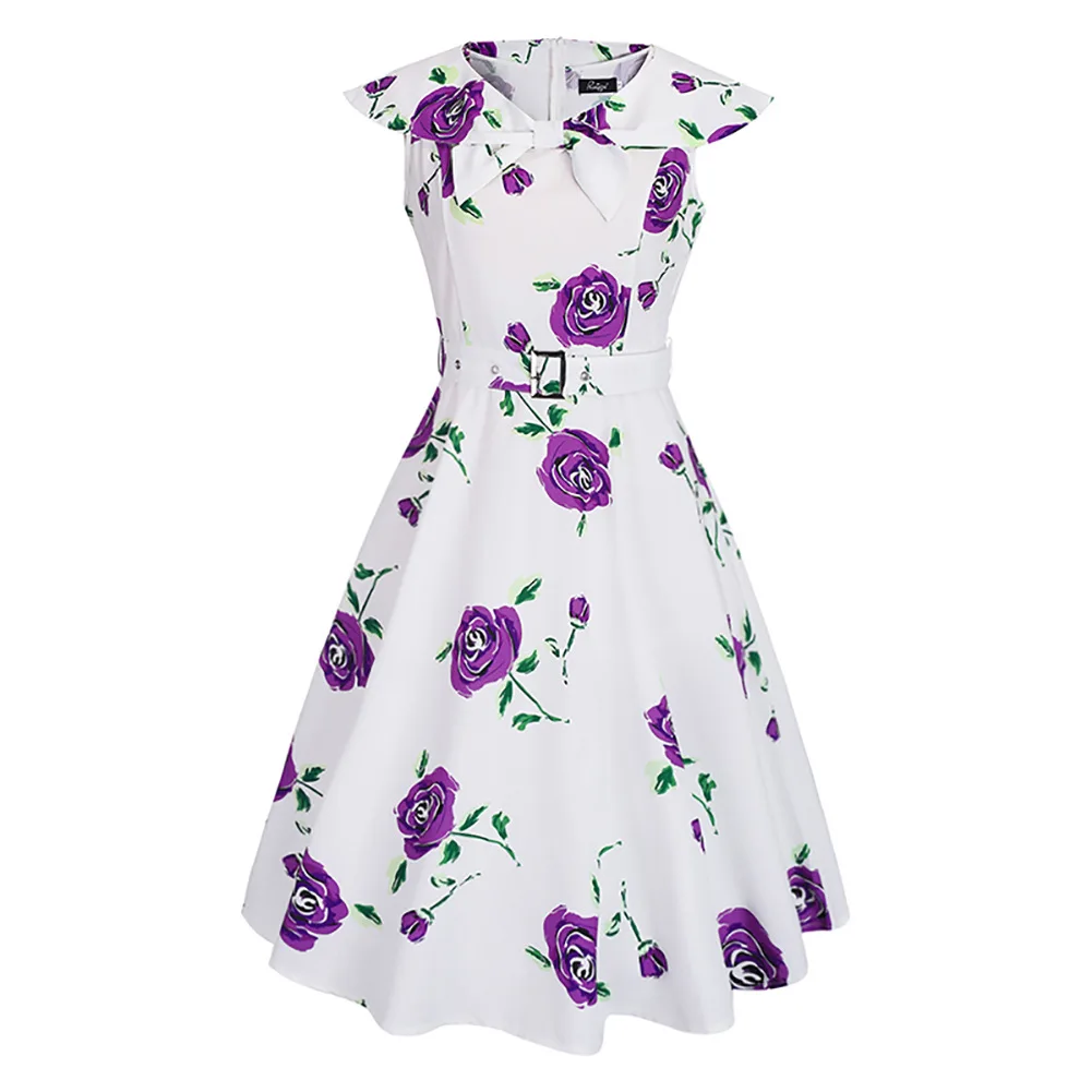 

Womens Summer Sleeveless Dresses Women Robe Elegant Vintage Retro Swing Rockabilly Dress High Waist Floral Runway Sundress Tunic