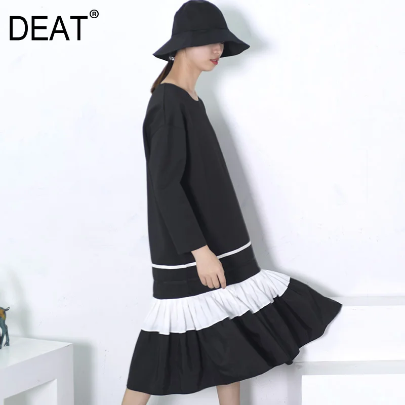 

[DEAT] 2020 Fashion New Spring Black White Stitching Loose Big Size Dress Pleated Hem Stitching Loose Long Dress Woman ASW00