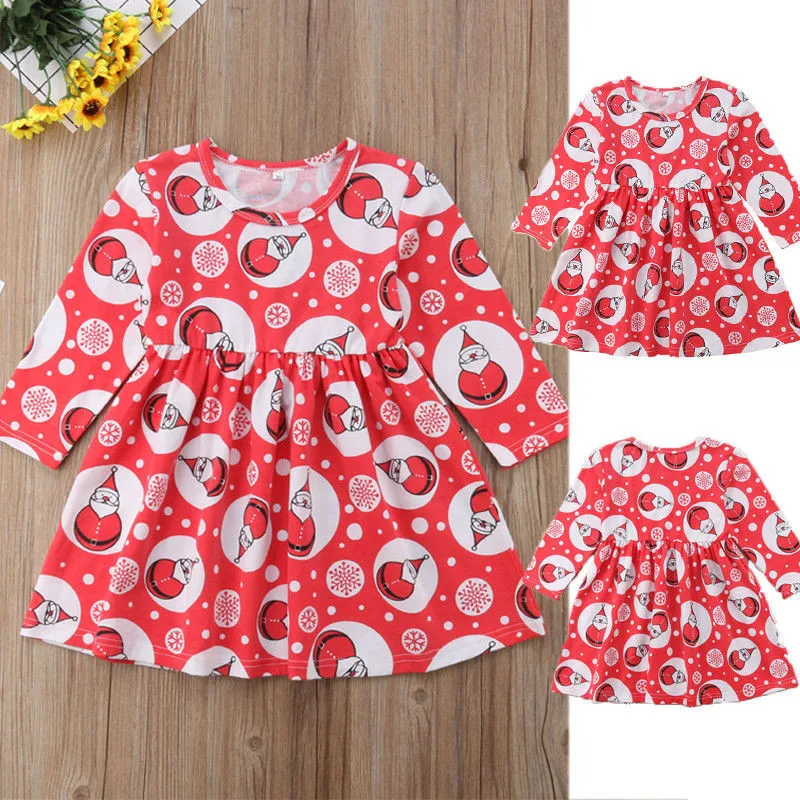 

Christmas Toddler Kids Baby Girls clothes round neck long sleeve Geometry casual newborn Party Pageant cotton Dresses one pieces
