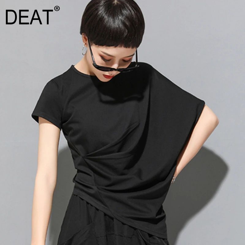 

[DEAT] 2019 New Autumn Winter Round Neck Short Sleeve Black Irregular Fold Pleated Irregular T-shirt Women Fashion Tide JT61