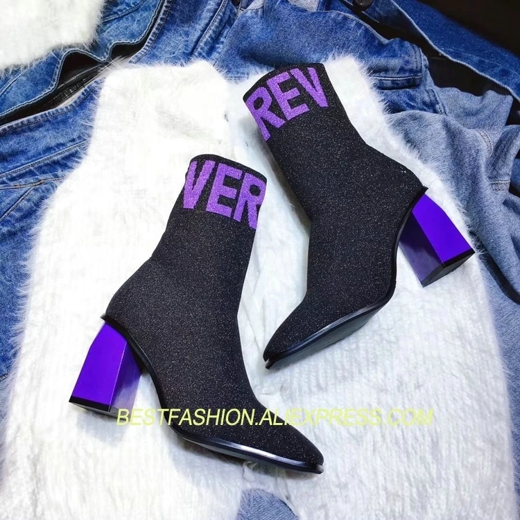 

Ins Hot Boots Woman Mid-Calf Stretch Fabric Socks Boots Tide Sqaure Toe Sq Heels Slip On Runway Boots Zapatos Mujer B