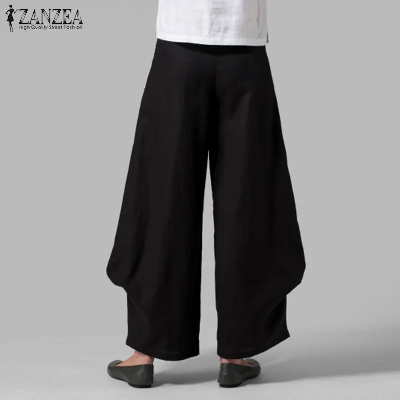 Большие летние штаны ZANZEA, женские широкие брюки с эластичной резинкой на талии, женские весенние однотонные брюки с оборками