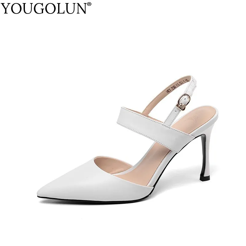 

Women Thin High Heel Summer Genuine Leather Office Lady Sandals Elegant Pointed Toe White Black Party Shoes YOUGOLUN B089