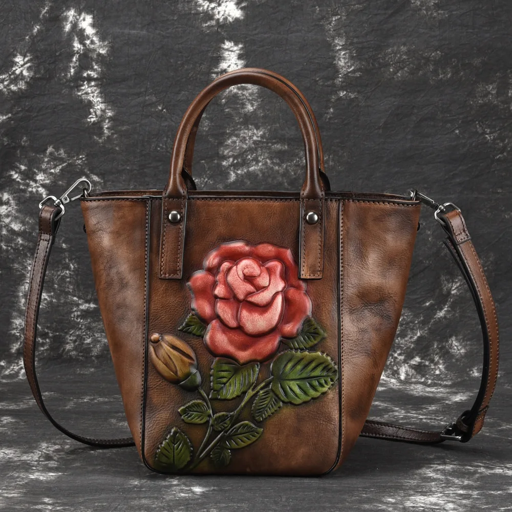 

High Quality Genuine Leather Women Messenger Shoulder Bags Floral Tote Embossing Shopping Handbag Real Cowhide Top Handle Bag