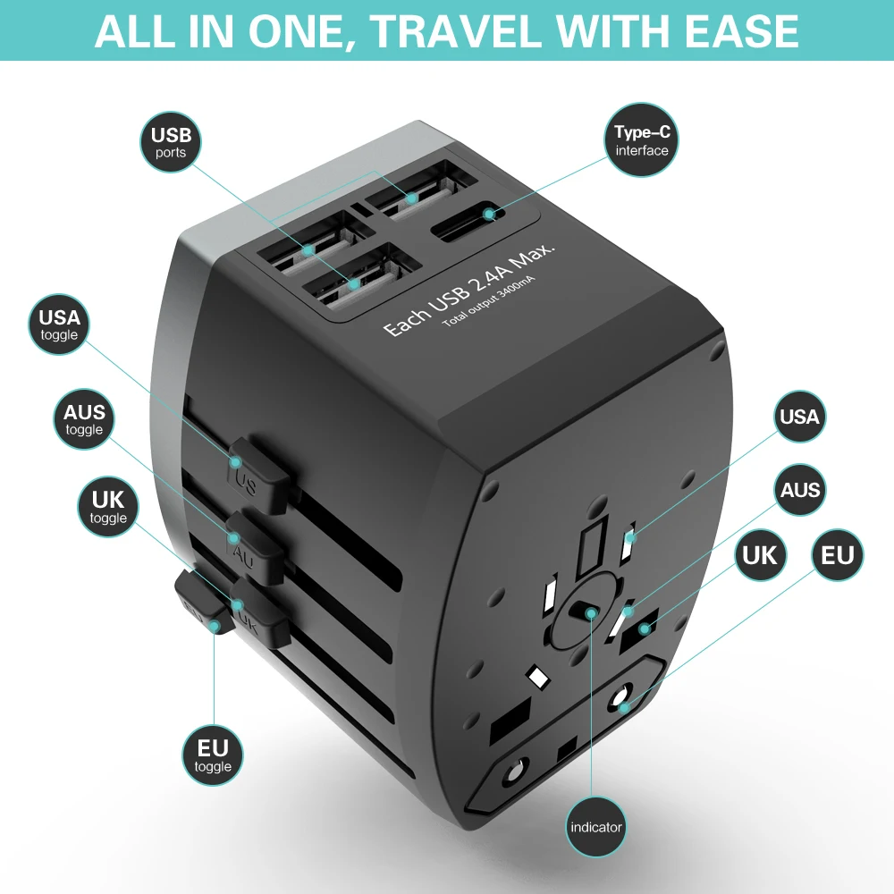 

FLOVEME 4 Port USB Charger Adapter 2.4A Type C Multi Universal Adapter Charger For iPhone Samsung Travel Wall USB Phone Charger