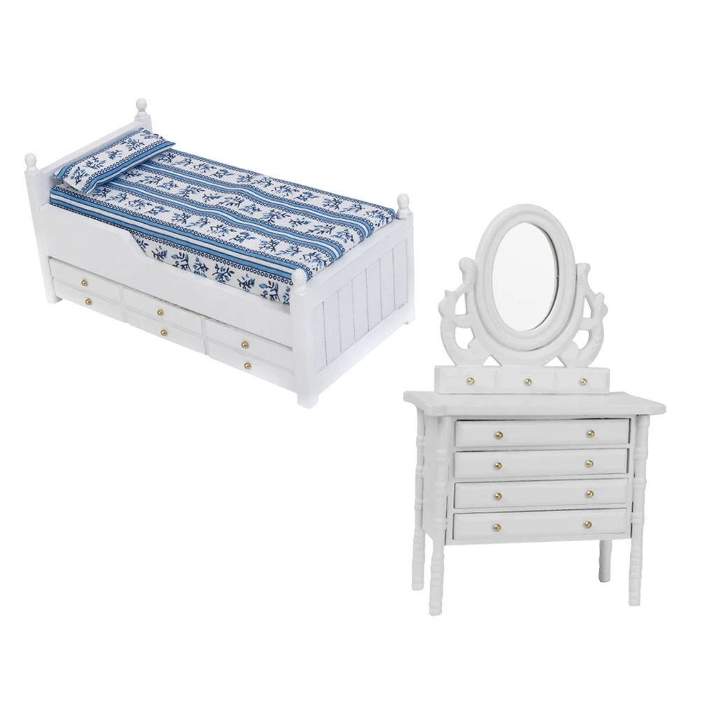 

Handcrafts European Style 1/12 White Drawer Bed Dressing Table Set Dollhouse Bedroom Life Scenes Decoration