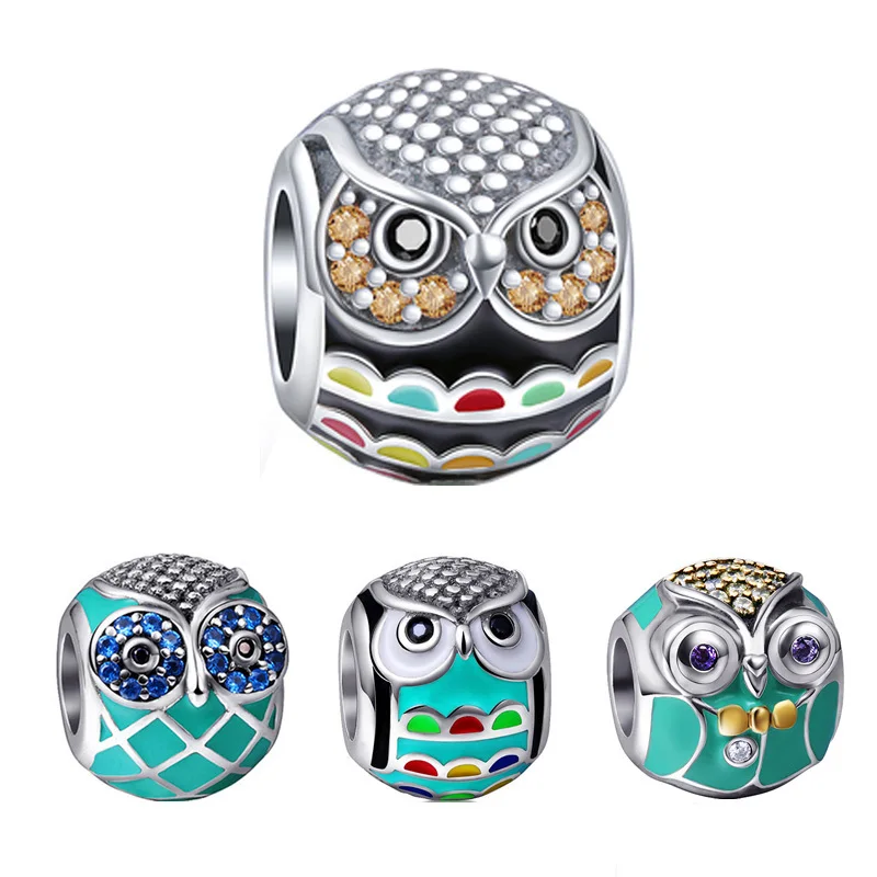 

Fit Authentic Pandora Bracelet Silver 925 Original 2017 Cute Animal Owl Charm Beads Color CZ & Enamel Jewelry For Women Gifts