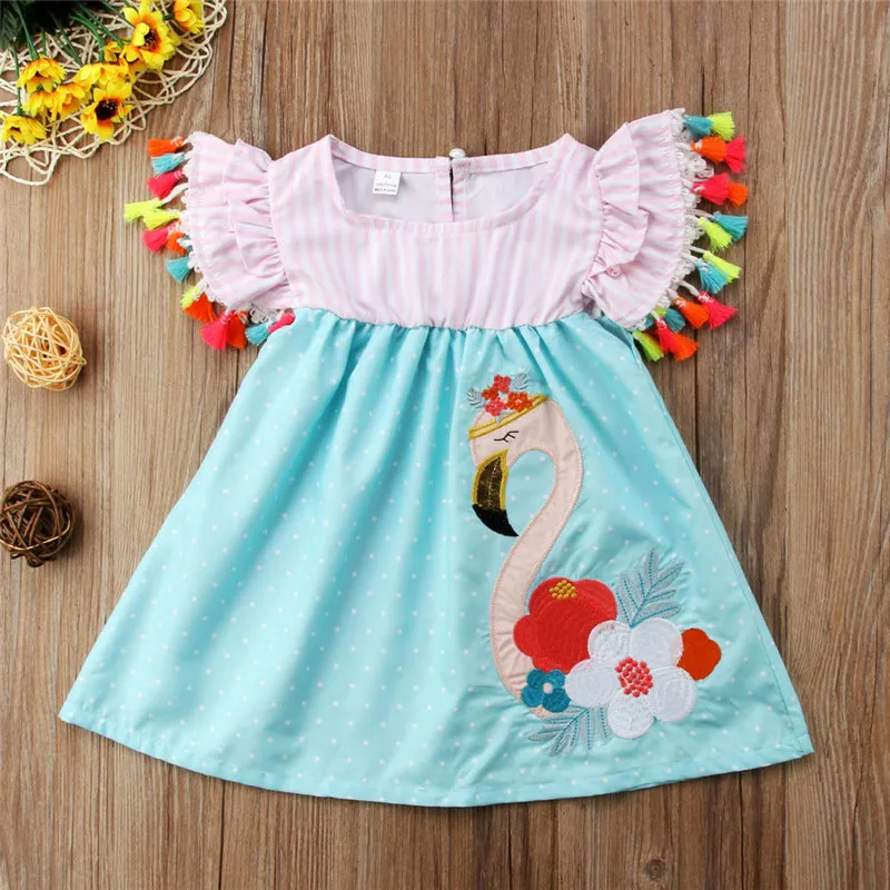 Летнее Повседневное платье с фламинго для маленьких девочек одежда для сарафана Одежда для новорожденных девочек возрастом от 1 года до 6 лет хлопковая одежда с круглым вырезом