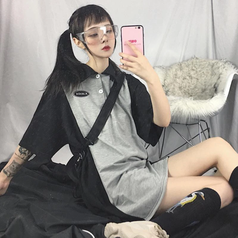 Новая летняя женская одежда ulzzang корейский отложной воротник harajuku свободные буквы вышивка Модные Цветные Короткие платья