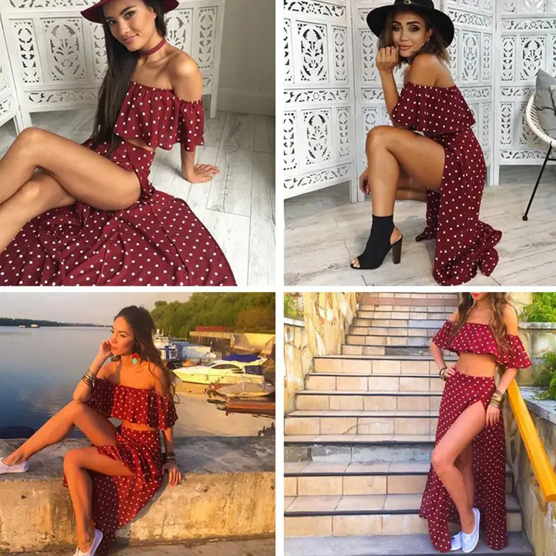 

2Pcs Women's Sexy Dots Dress Suit Fashion Off The Shoulder Ruffled Wave Point Shirt Top Split Skirt Asymmetric Clothing Set