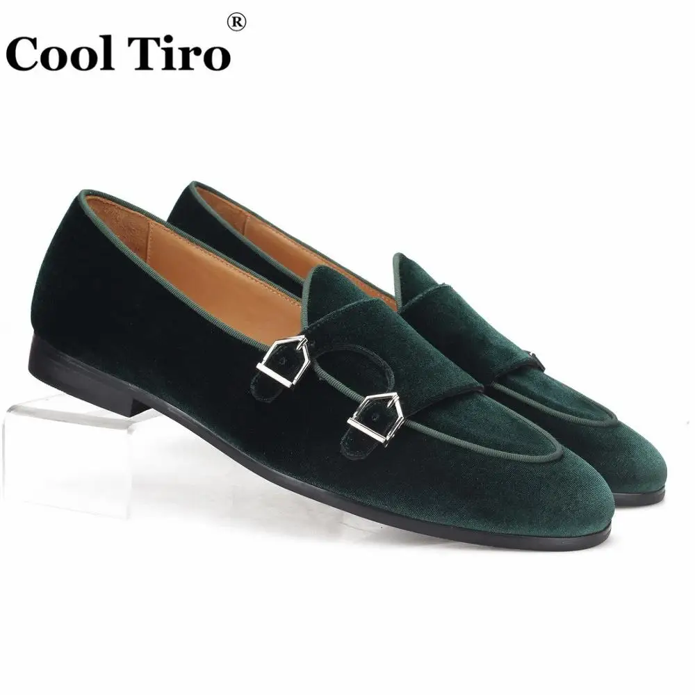 

Cool Tiro Green Velvet Double-Monk Belgian Loafers Men's Moccasins Smoking Slippers Flats Dress Shoes Casual Shoes Metal Buckle
