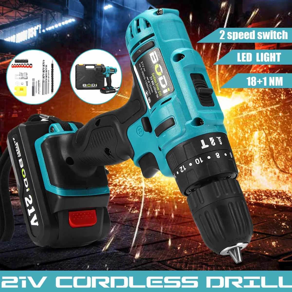 

21V 2 Speed Electric Screwdriver Drills Cordless 3/8" Driver Rechargeable Battery Drill Installation Power Tools for Metal Wood