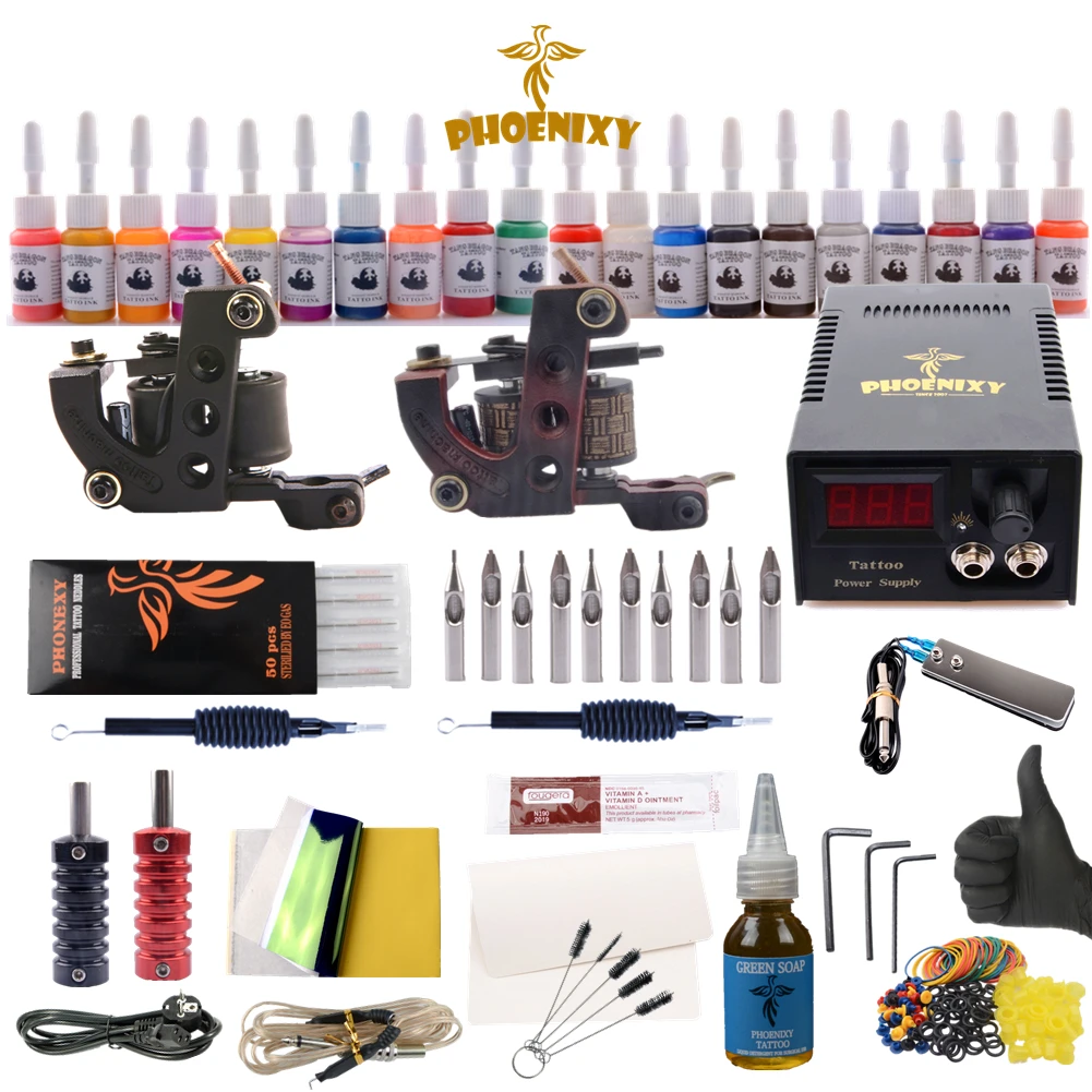 

Tattoo Liner Shader Machine Gun Sets 20 Colors Black Tattoo Pigment Sets LCD Power Supply Permanent Makeup Complete Tattoo Kits